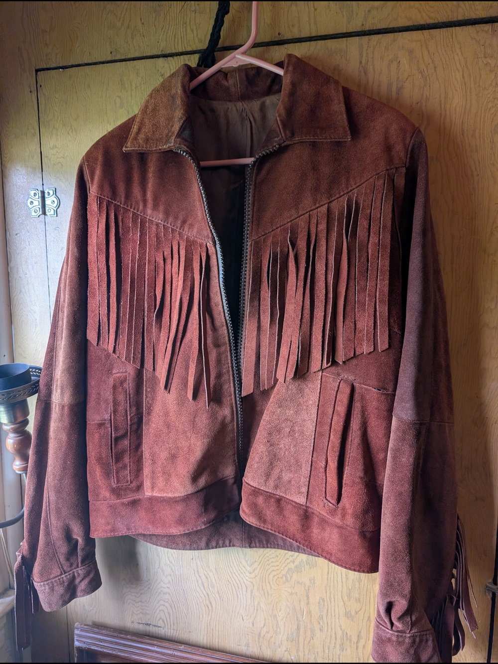Boho 60's Burnt Orange Suede Cowboy Fringe Southwestern Festival Jacket Large